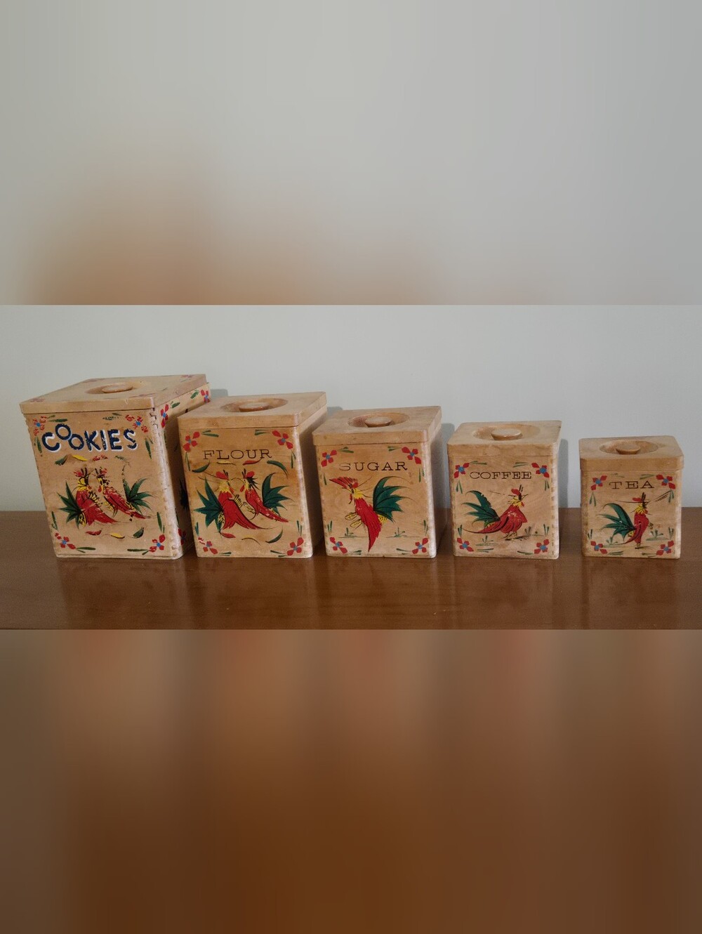VTG 1950s Wood Rooster Nesting Canisters Cookies Flour Sugar Coffee Tea 5pc